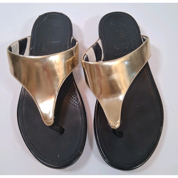 FitFlop Womens Sandals Flip Flops Size 5 Gold Brown  371-001 Leather Thongs - Picture 1 of 7